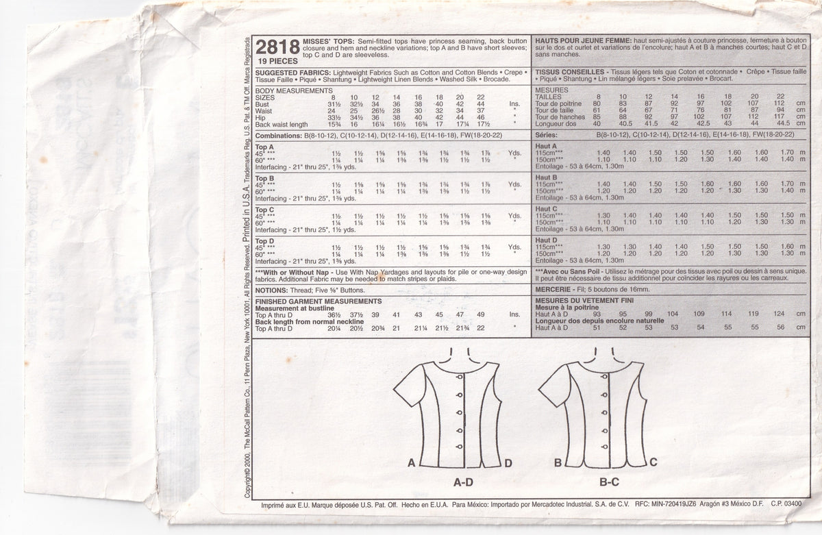 McCall's 2818 PALMER PLETSCH Womens Princess Seamed Summer Tops Out Of Print Paper Sewing Pattern Sizes 12 - 16 UNCUT Factory Folded
