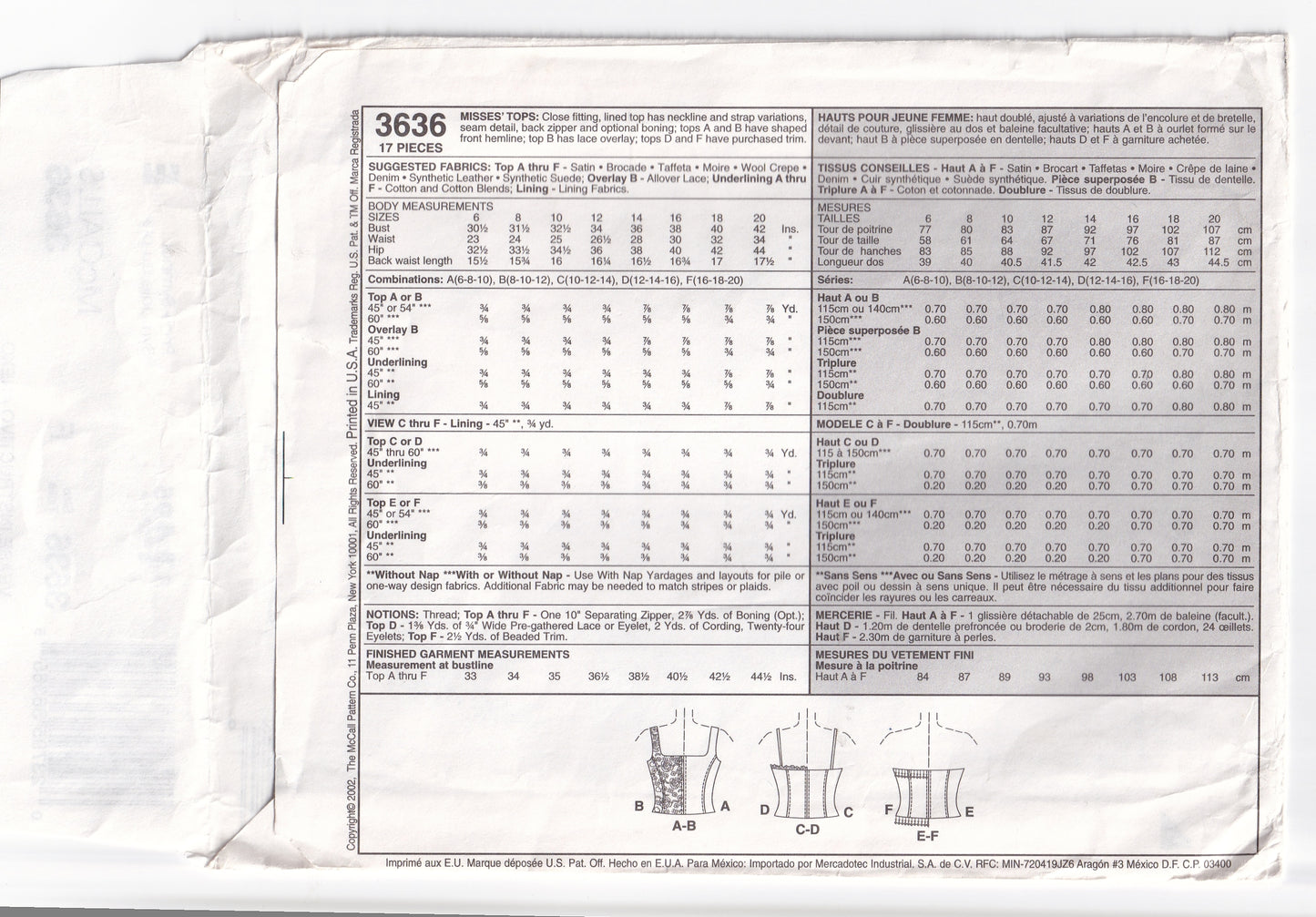 McCall's 3636 Womens Evening Bustier Corset Tops Out Of Print Sewing Pattern Size 16 - 20 UNCUT Factory Folded