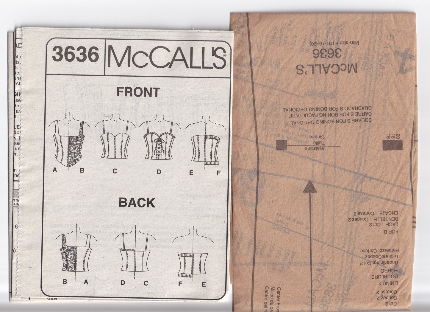 McCall's 3636 Womens Evening Bustier Corset Tops Out Of Print Sewing Pattern Size 16 - 20 UNCUT Factory Folded