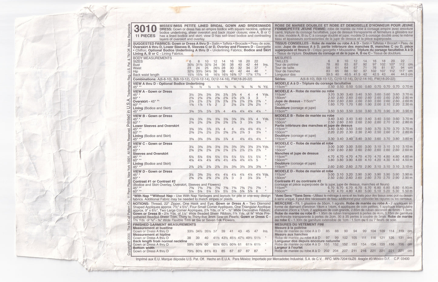 McCall's 3010 EVENING ELEGANCE Womens Empire Waisted Formal or Wedding Gown with Sheer Overlay Out Of Print Sewing Pattern Size 18 - 22 UNCUT Factory Folded