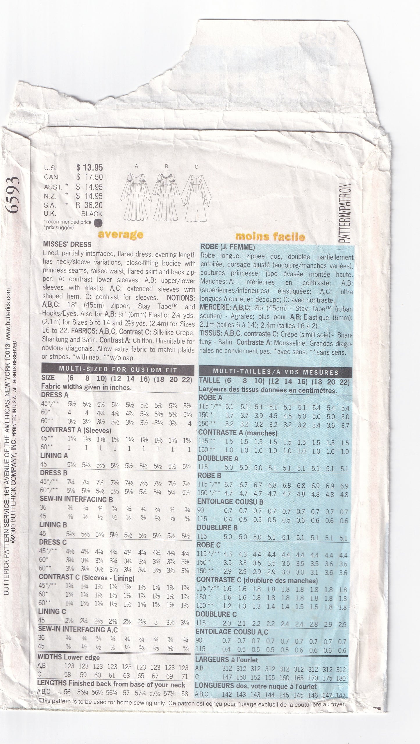 Butterick 6593 Womens Evening Goth Style Gown with Angel Sleeves Out Of Print Sewing Pattern Size 12 - 16 UNCUT Factory Folded