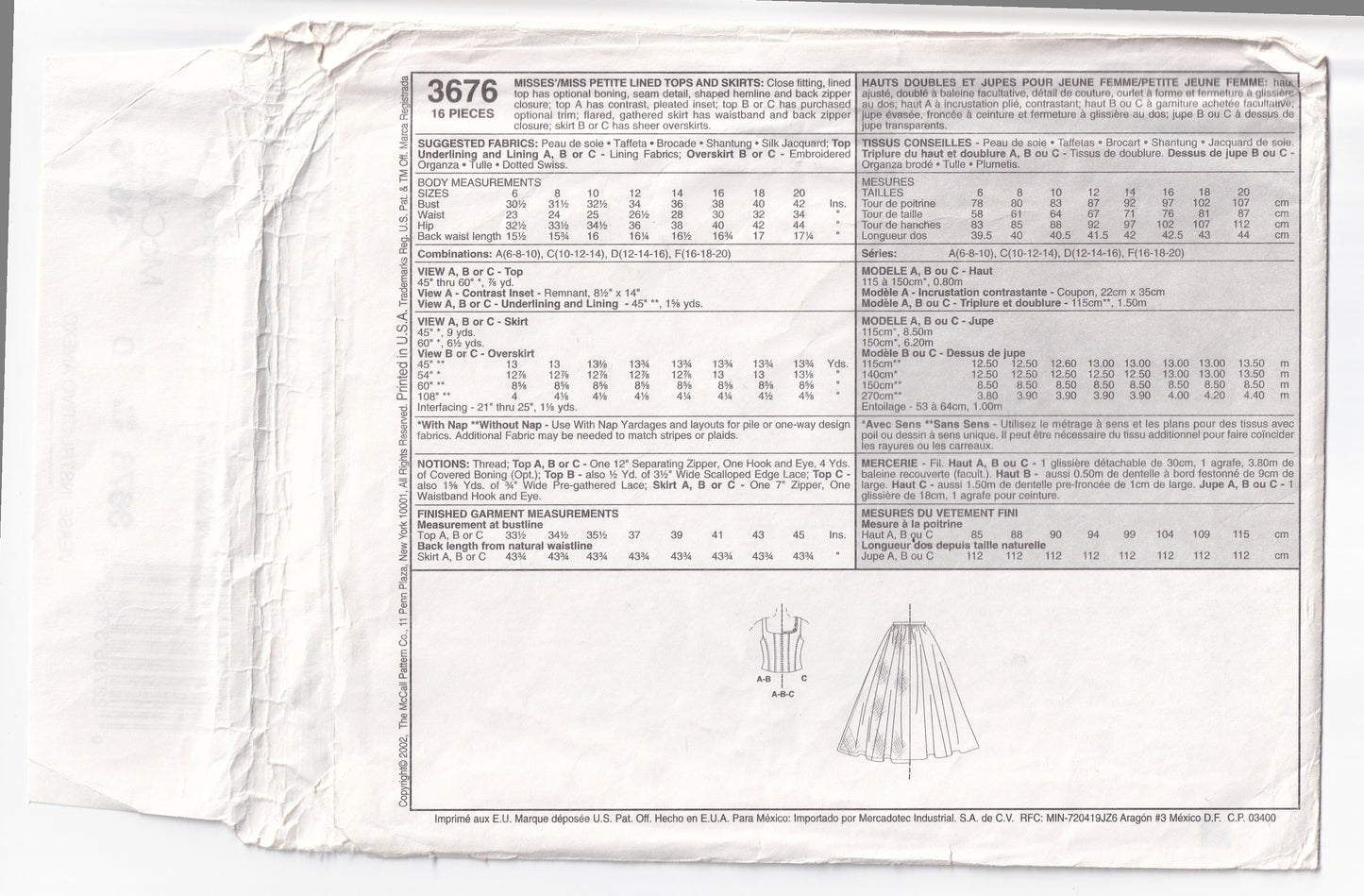 McCall's 3676 EVENING ELEGANCE Womens Boned Corset Tops & Floor Length Skirts Out Of Print Sewing Pattern Size 12 - 16 UNCUT Factory Folded