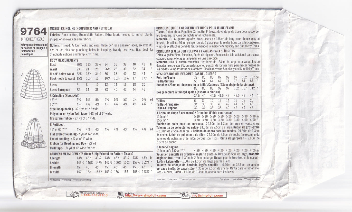 Simplicity 9764 Womens Civil War Era Crinoline & Petticoat Out Of Print Sewing Pattern Size 6 - 12 UNCUT Factory Folded