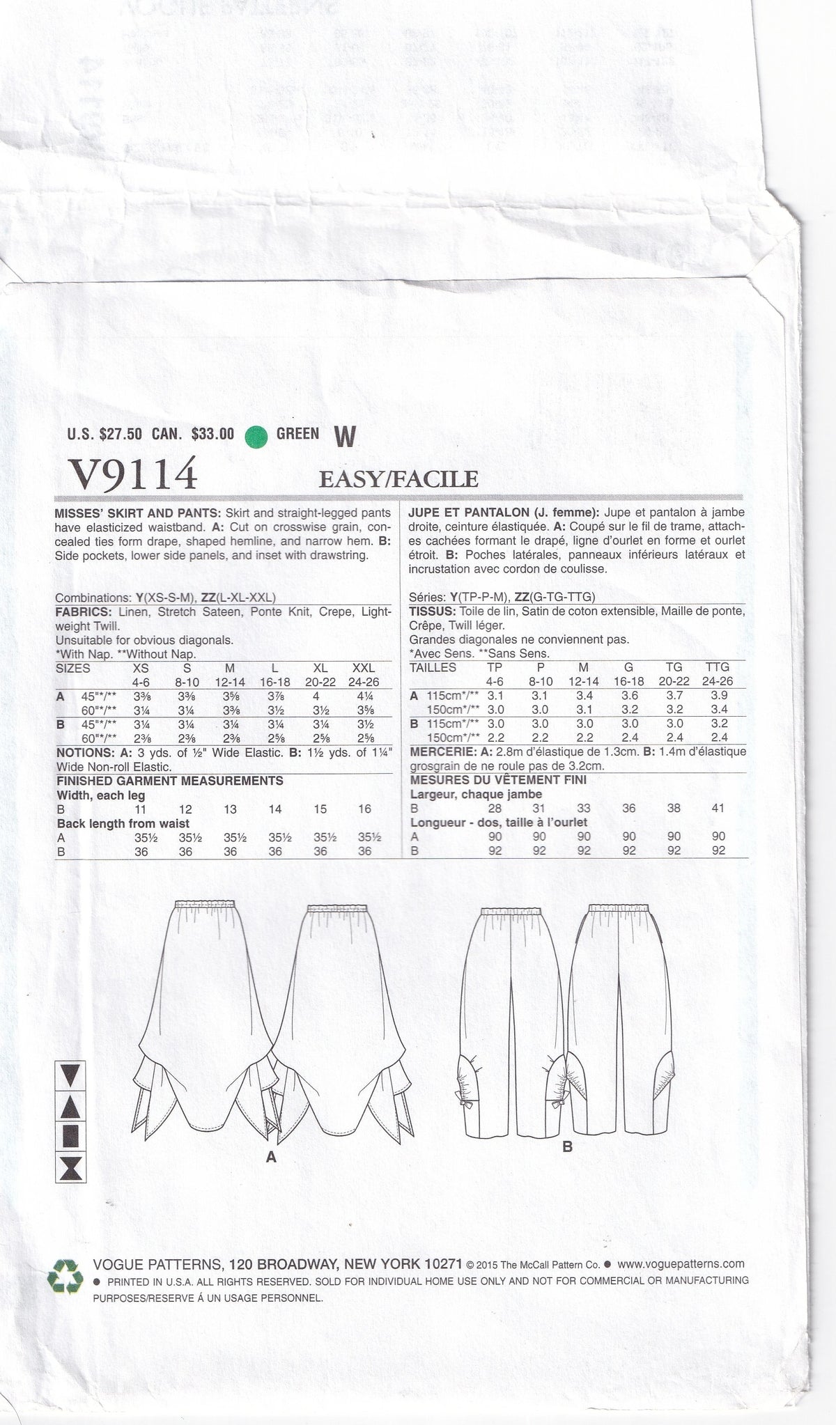 Vogue Designer Original 9114 KATHRYN BRENNE Womens Side Draped Skirt & Pants Out Of Print Paper Sewing Pattern Size L - XXL UNCUT Factory Folded