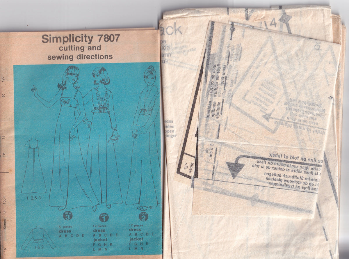 Simplicity 7807 Womens High Waisted Maxi Dress & Jacket with Optional Feather Trim 1970s Vintage Paper Sewing Pattern Size 12 Bust 34 inches