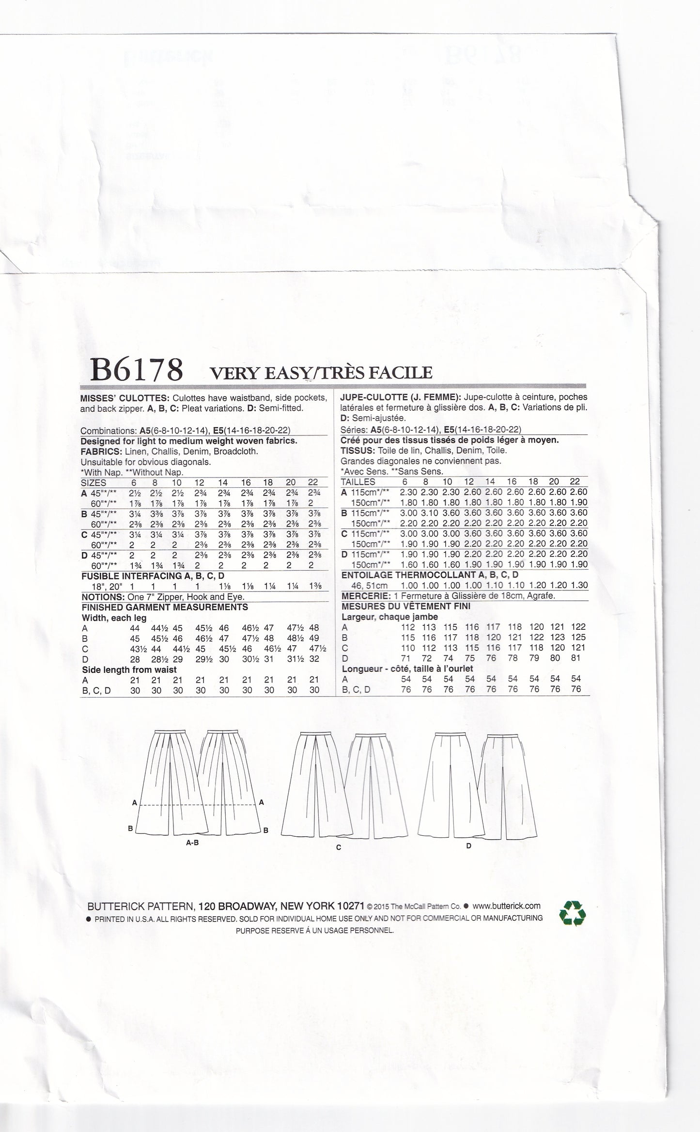 Butterick 6178 Womens Pleated Culottes Out Of Print Paper Sewing Pattern Sizes 6 - 22 UNCUT Factory Folded