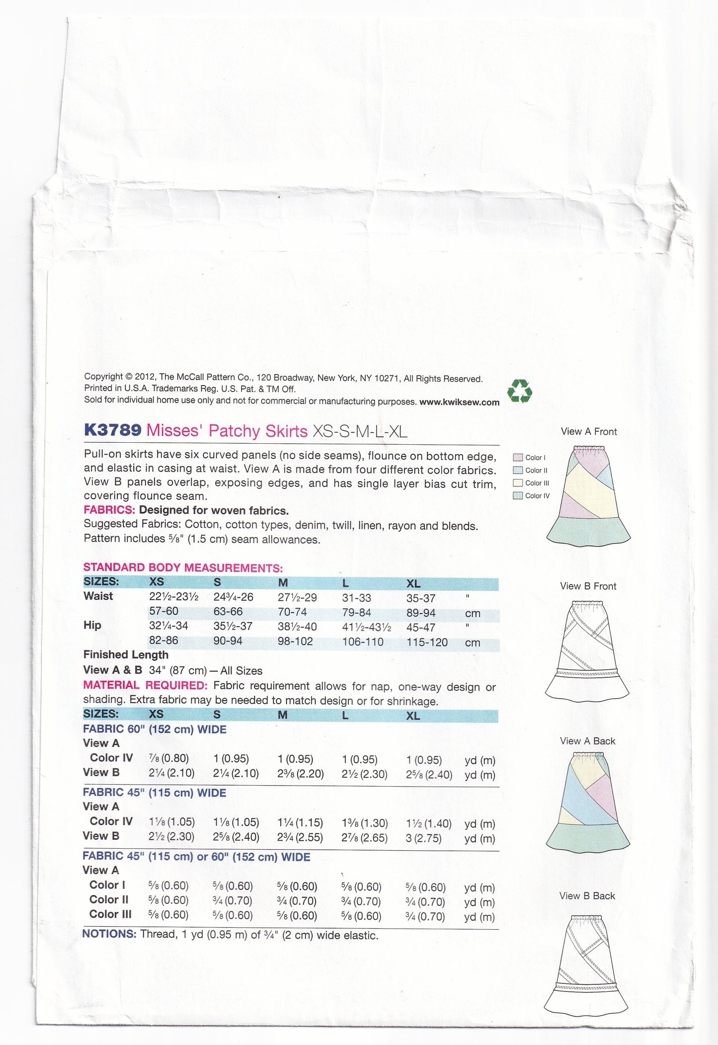 Kwik Sew 3789 Womens Patchy Skirts Out Of Print Paper Sewing Pattern Size XS - XL UNCUT Factory Folded