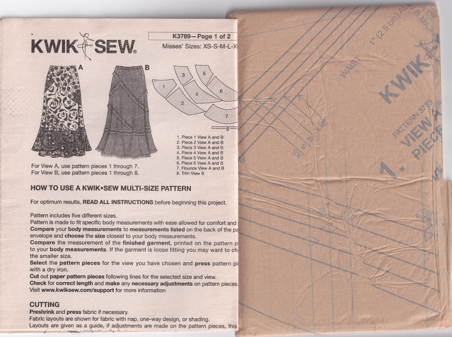 Kwik Sew 3789 Womens Patchy Skirts Out Of Print Paper Sewing Pattern Size XS - XL UNCUT Factory Folded