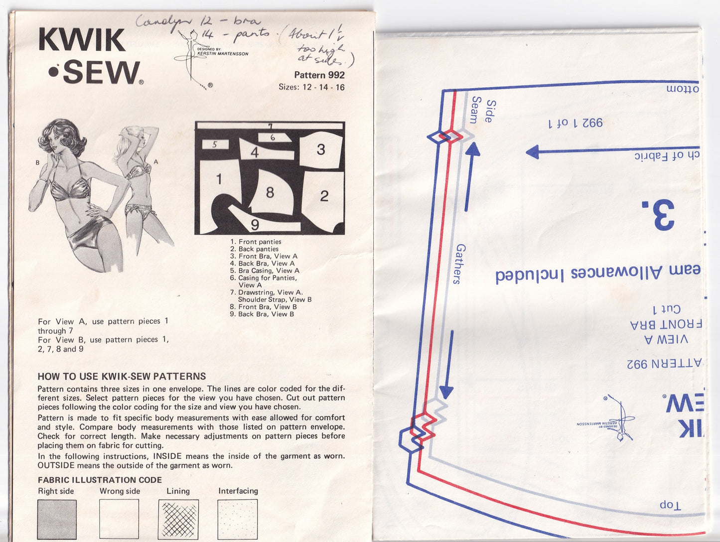 Kwik Sew 992 Womens Stretch Hipster Bikini Swimsuit 1970s Vintage Paper Sewing Pattern Bust 37 - 40 inches UNCUT Factory Folded