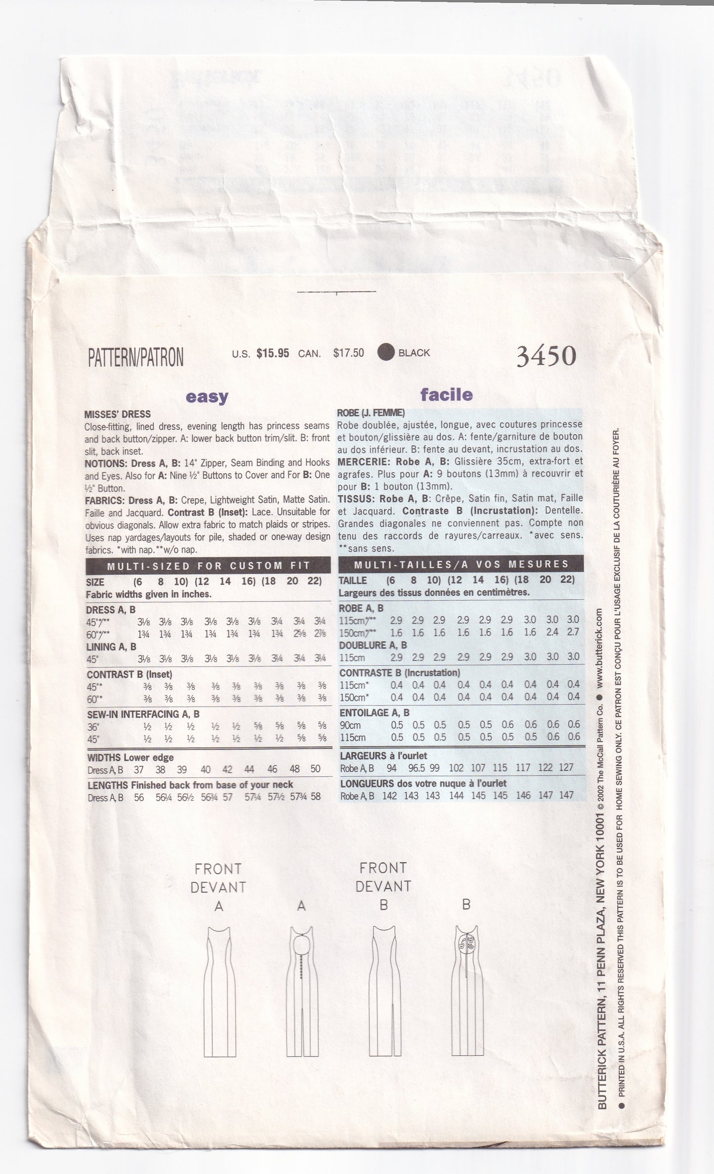 Butterick 3450 Womens Evening Sheath Dresses with Cutout Back Out Of Print Sewing Pattern Size 6 - 10 UNCUT Factory Folded