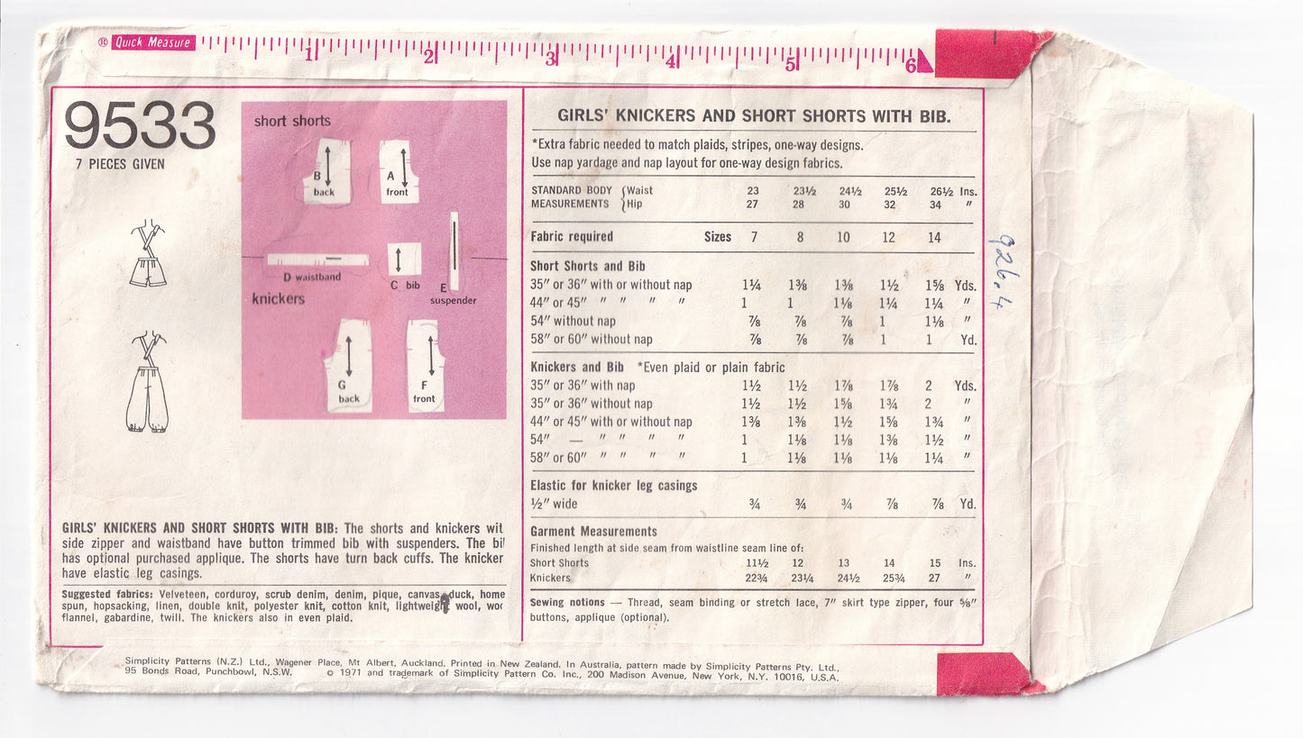 Simplicity 9533 Girls Hot Pants & Knickerbockers Overalls 1970s Vintage Sewing Pattern Size 8
