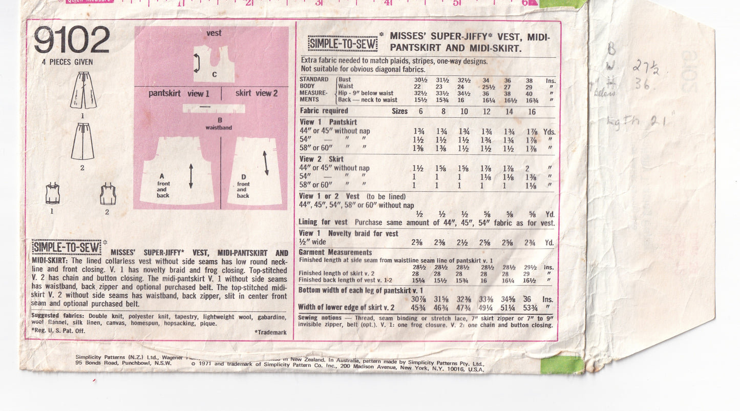 Simplicity 9102 Womens JIFFY Vest Skirt & Culottes 1970s Vintage Sewing Pattern Size 12 Bust 34 Inches