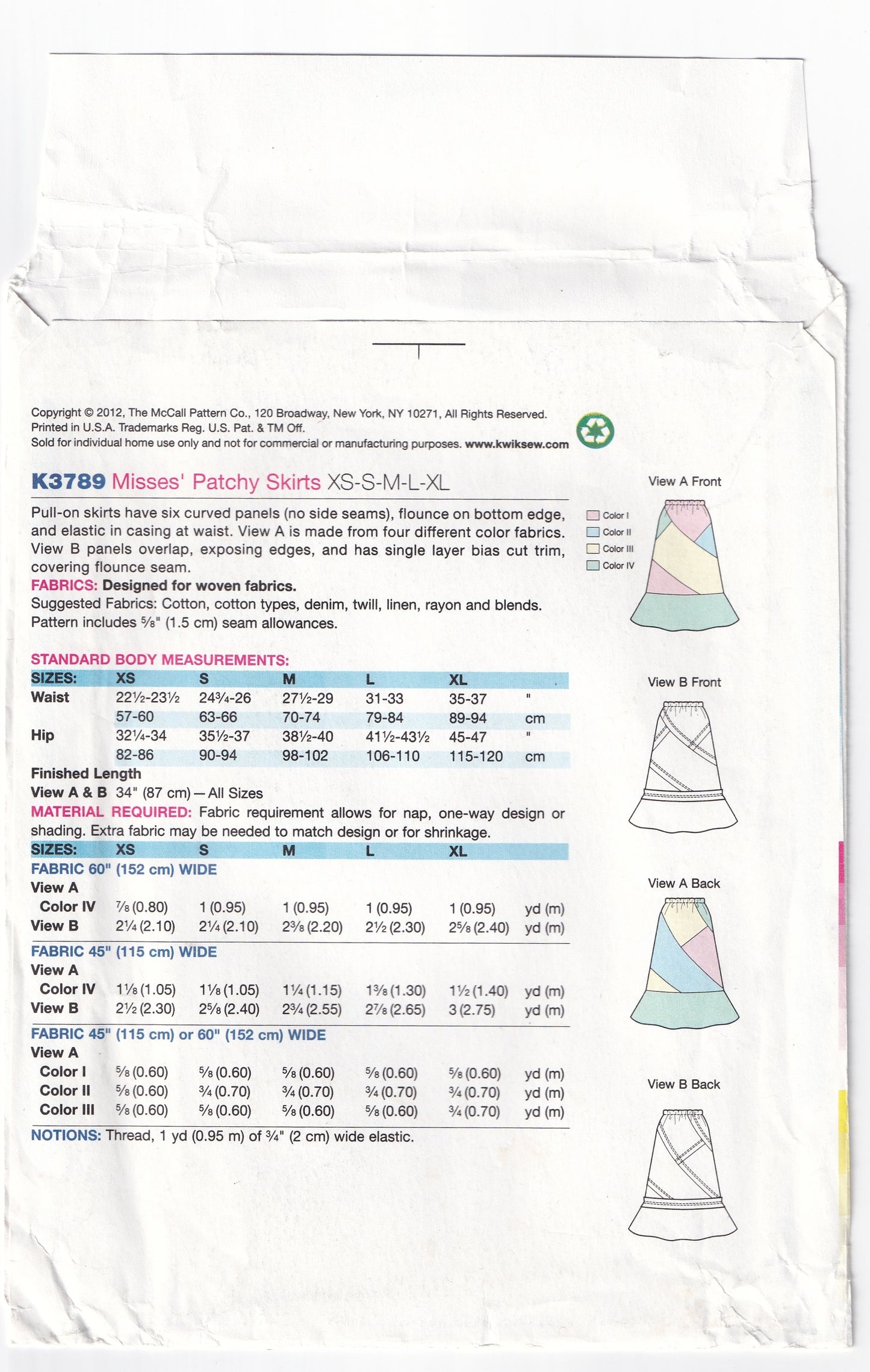 Kwik Sew 3789 Womens Patchy Skirts Out Of Print Sewing Pattern Size XS - XL UNCUT Factory Folded