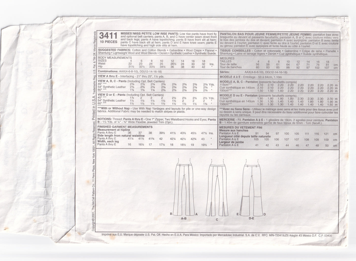 McCall's 3411 Womens Low Rise Pants Out Of Print Sewing Pattern Sizes 12 - 18 UNCUT Factory Folded