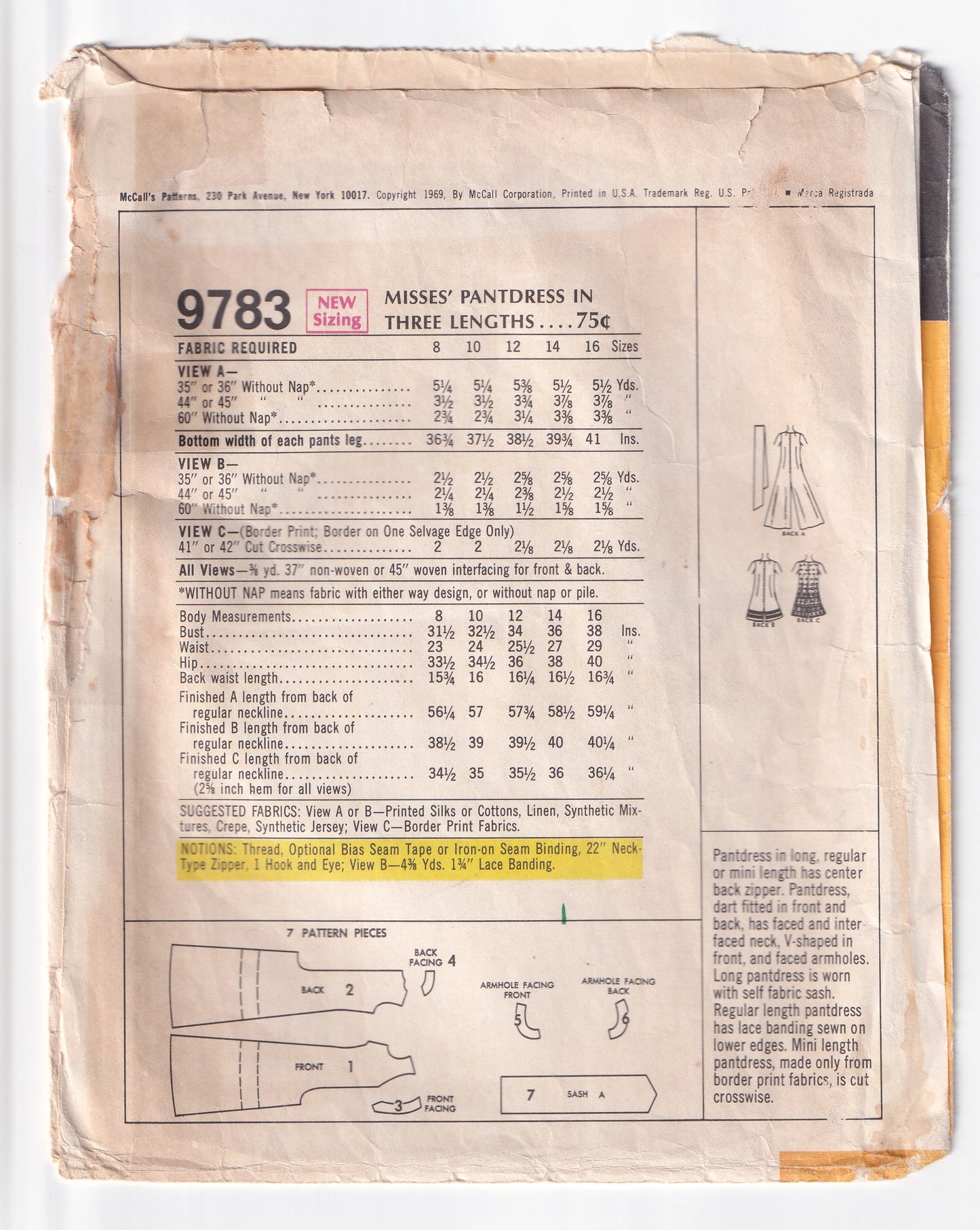 McCall's 9783 Womens Palazzo Jumpsuit & Rompers 1960s Vintage Sewing Pattern Size 10 Bust 32.5 Inches