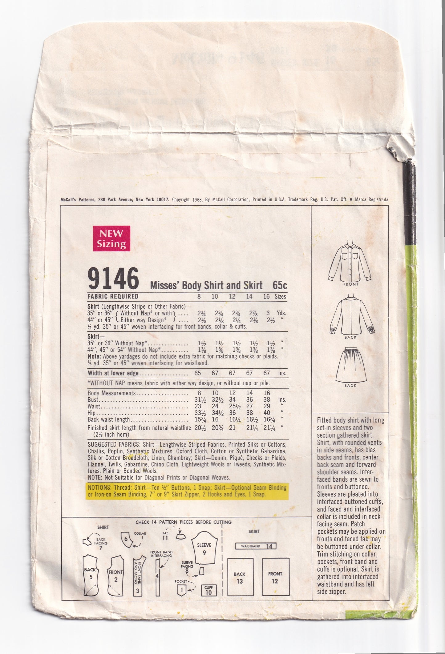 McCall's 9146 Womens Body Shirt & Skirt 1960s Vintage Sewing Pattern Size 16 Bust 38 inches (Waistband Missing)