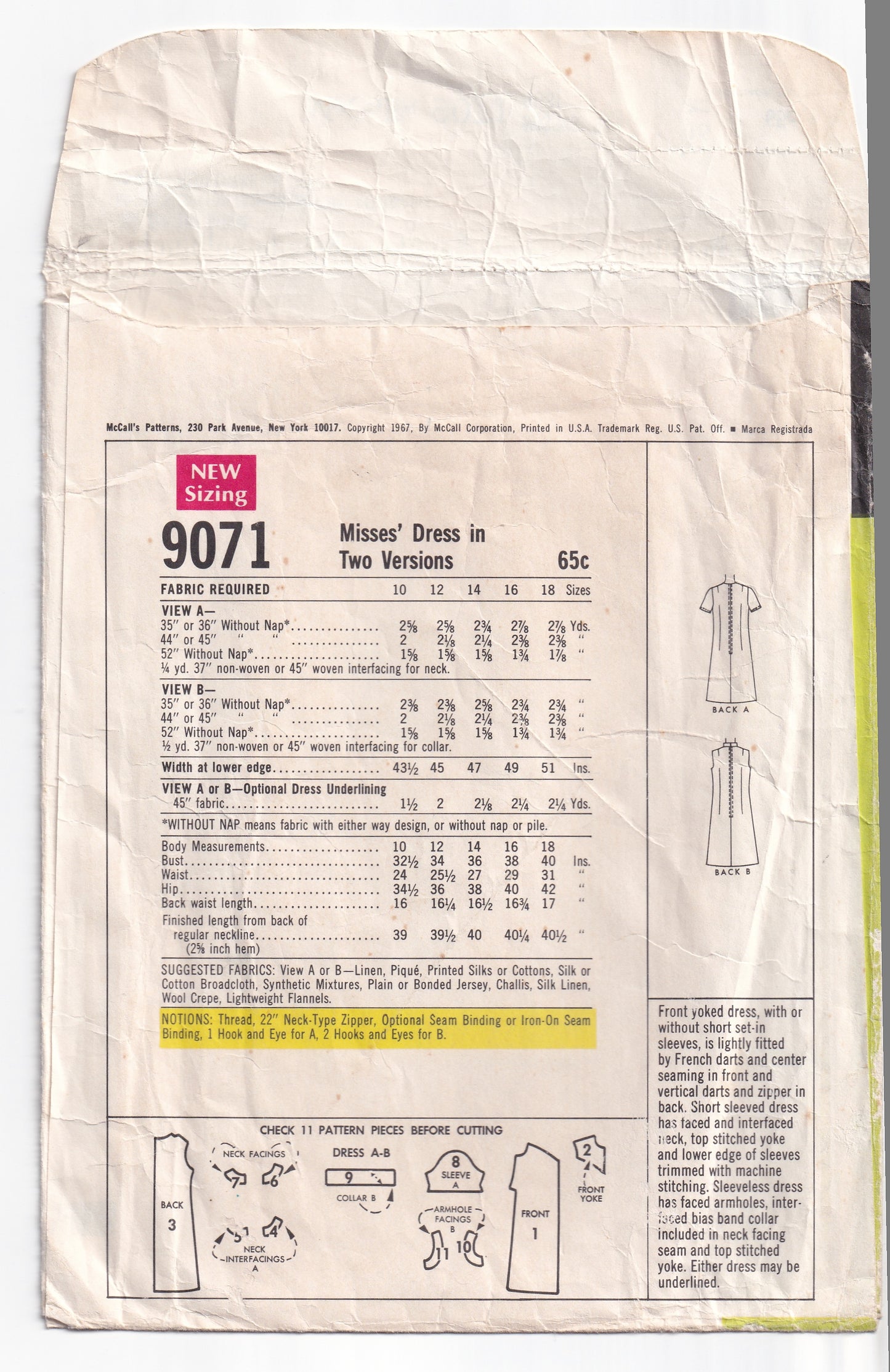 McCall's 9071 Womens Yoked A Line Dress 1960s Vintage Sewing Pattern Size 16 Bust 38 inches