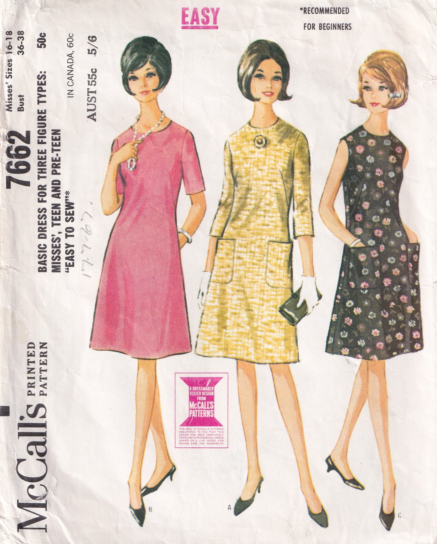 McCall's 7662 Womens A Line Dresses with French Darts 1960s Vintage Sewing Pattern Bust 34-36 or 36-38 inches