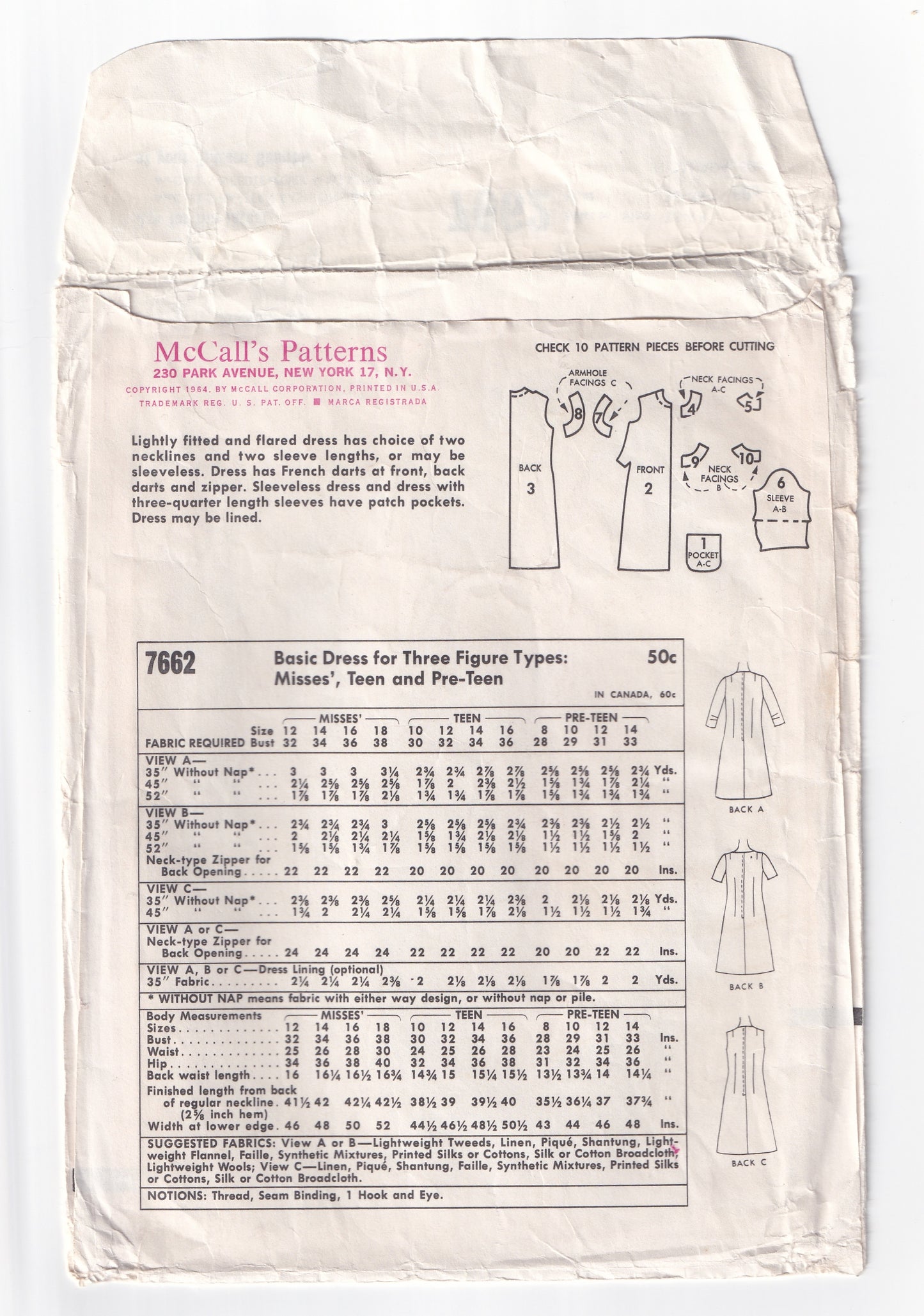 McCall's 7662 Womens A Line Dresses with French Darts 1960s Vintage Sewing Pattern Bust 34-36 or 36-38 inches