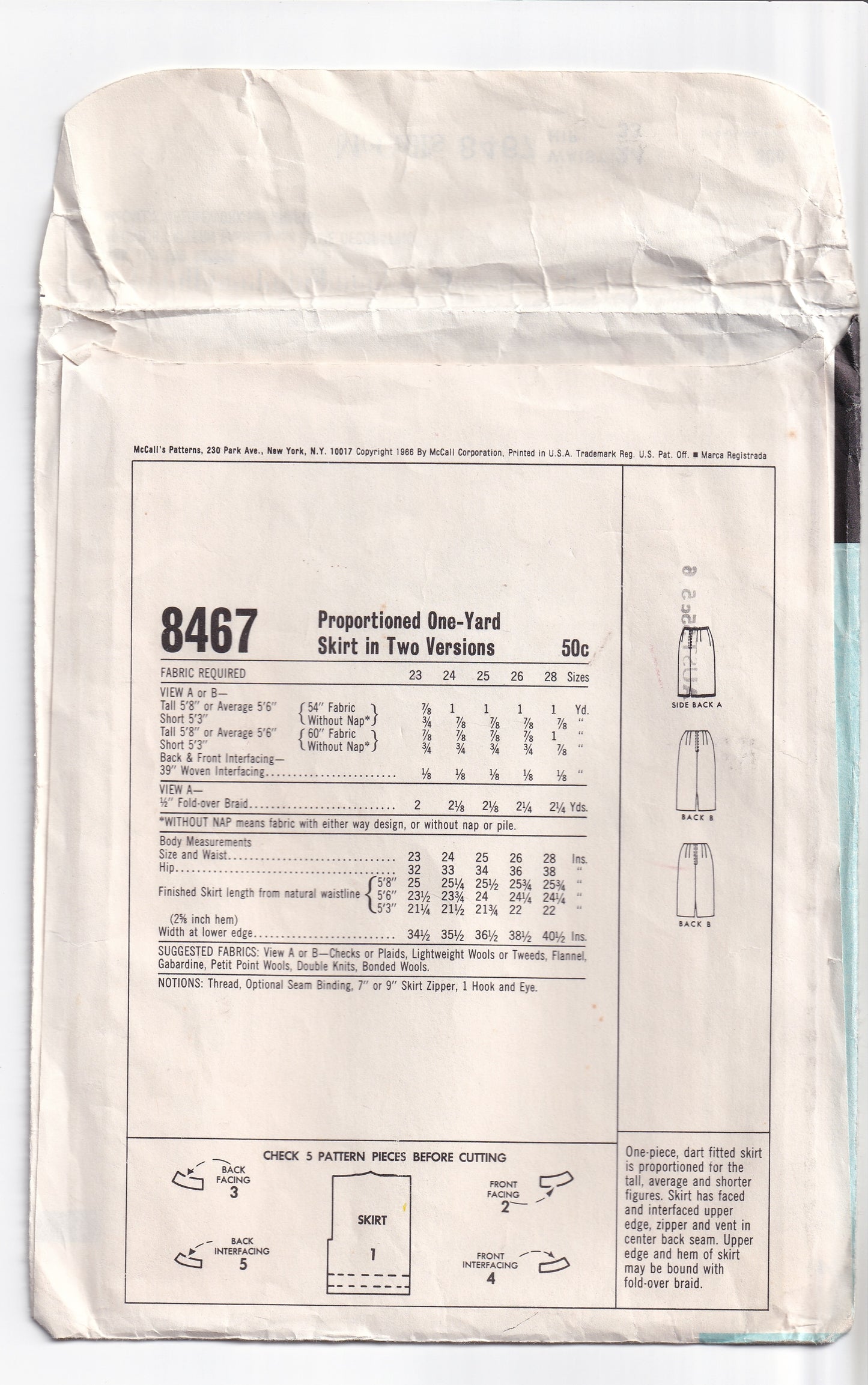 McCall's 8467 Womens EASY One Yard Proportioned Pencil Skirts 1960s Vintage Sewing Pattern Waist 24 inches