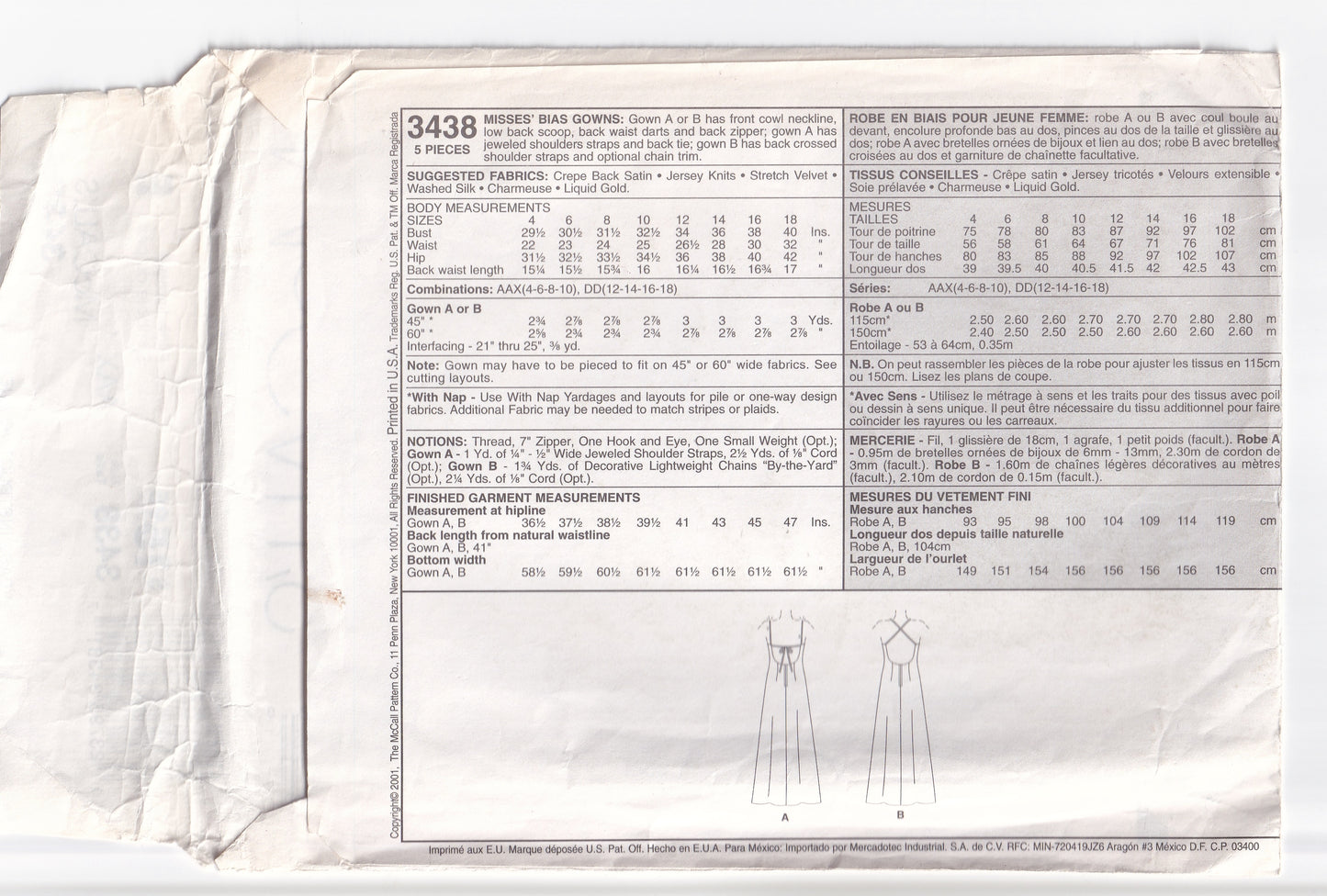 McCall's 3438 EVENING ELEGANCE Womens Plunge Back Evening Dress with Cowl Neckline Out Of Print Sewing Pattern Size 4 - 10 UNCUT Factory Folded
