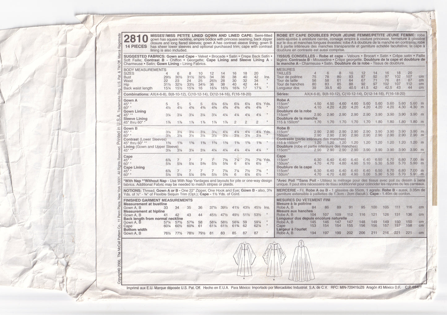 McCall's 2810 EVENING ELEGANCE Womens Goth Style Empire Waisted Evening Gown & Lined Cape Out Of Print Sewing Pattern Size 16 - 20 UNCUT Factory Folded (Copy)