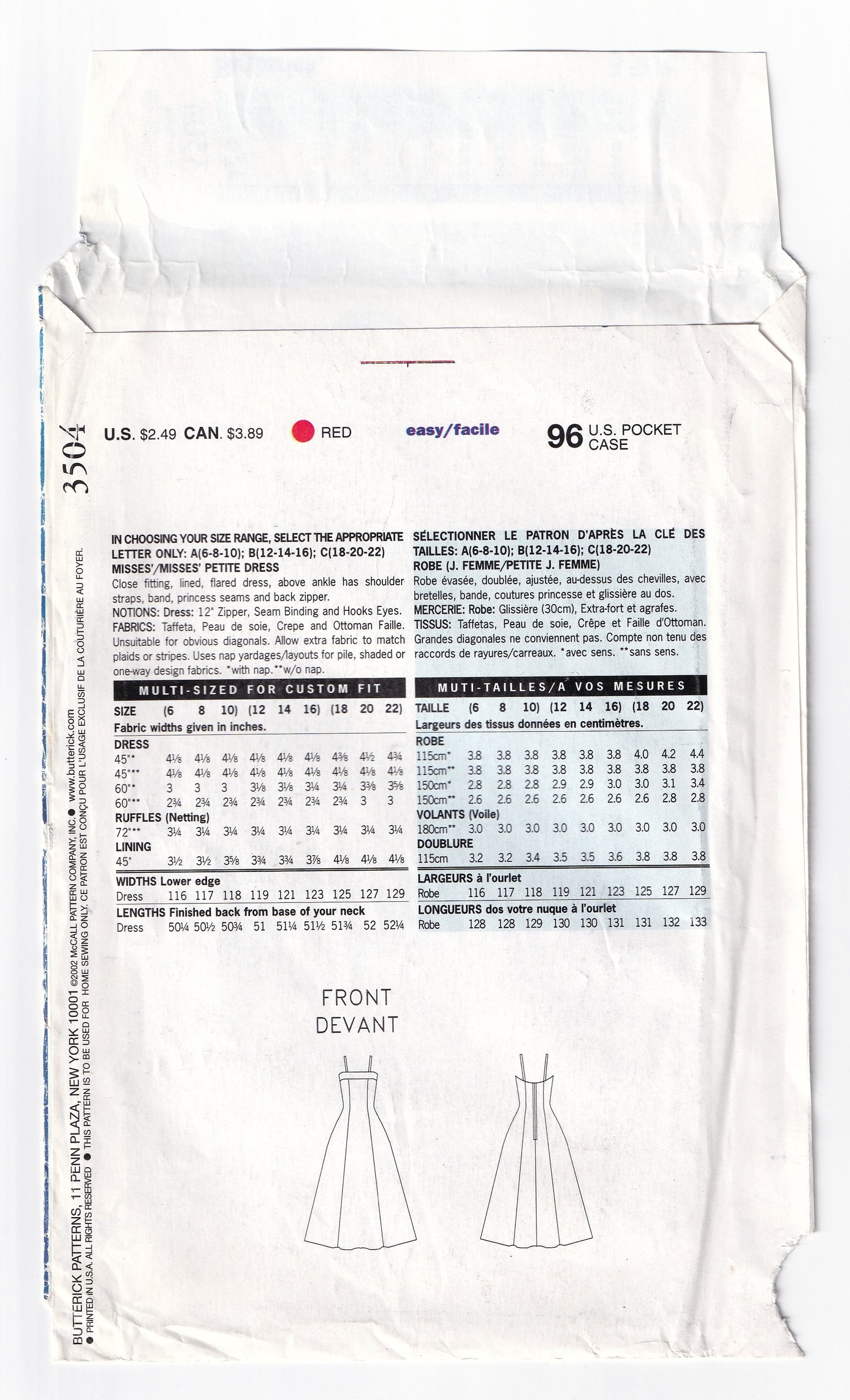 Butterick See & Sew 3504 Womens Evening Full Skirt Princess Dress with Shoulder Straps Out Of Print Sewing Pattern Size 6 - 10 UNCUT Factory Folded