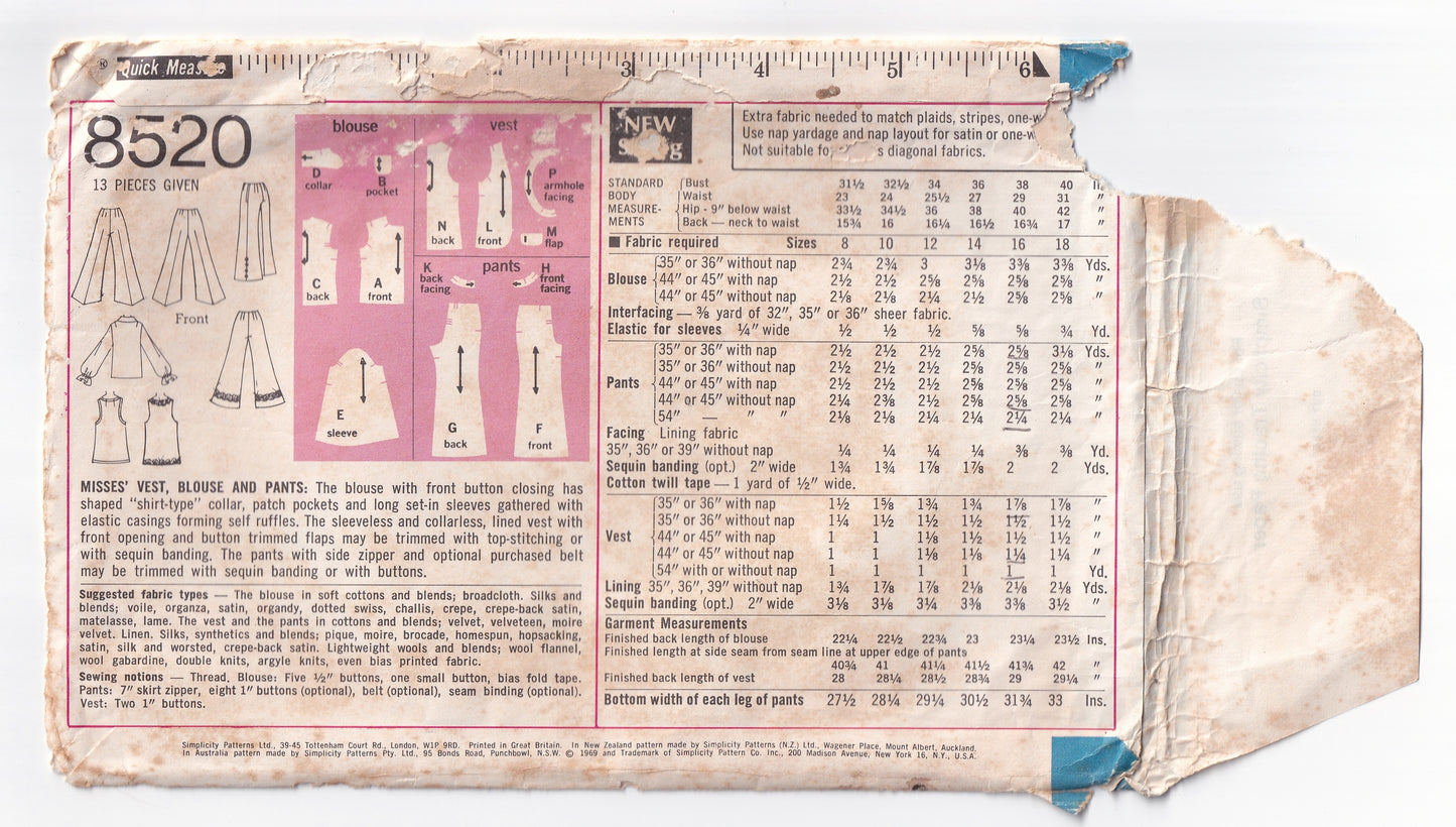 Simplicity 8520 Womens Disco Blouse Vest & Flares 1960s Vintage Sewing Pattern Size 16 Bust 38 Inches