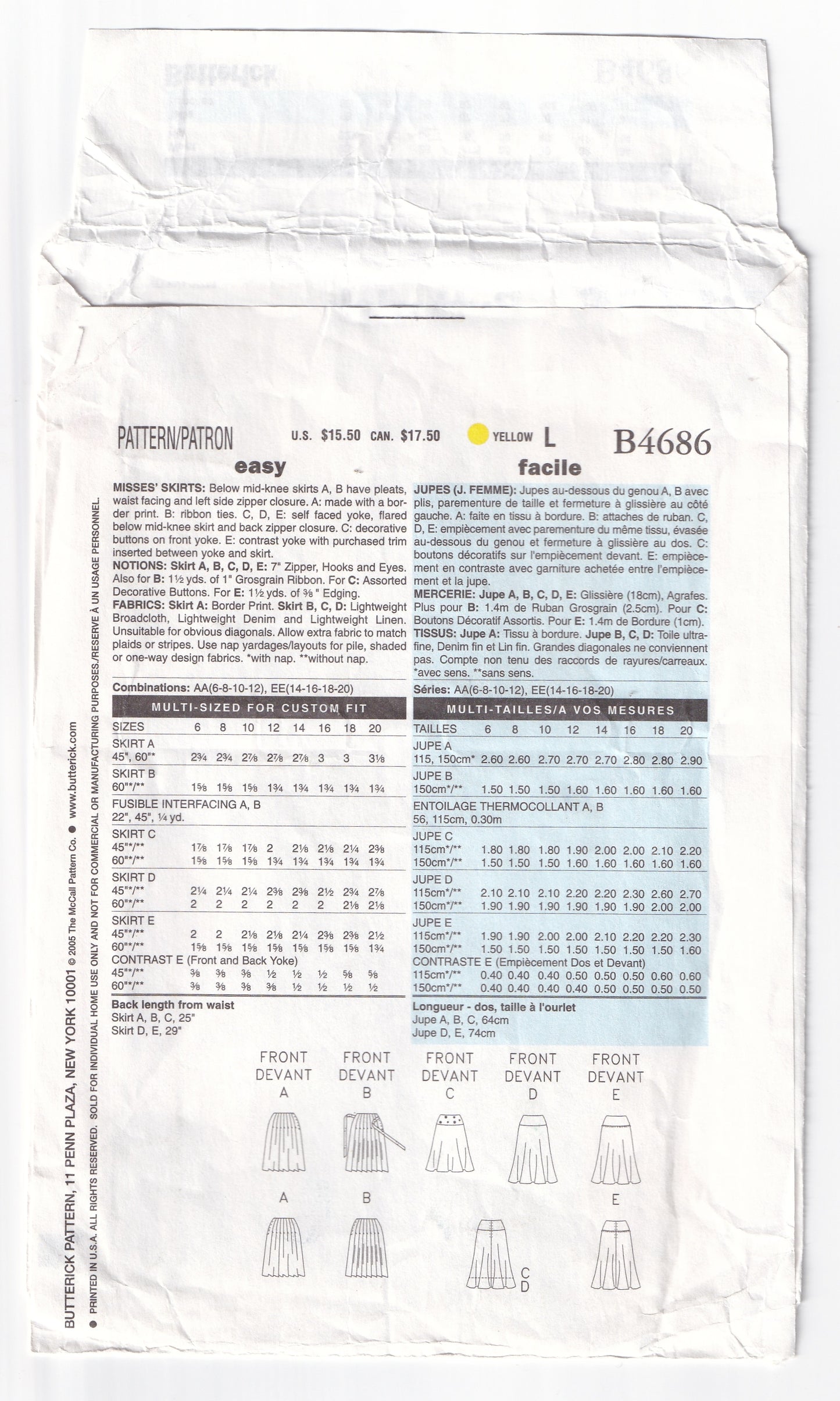 Butterick 4686 Womens Flared Skirts in 6 Styles Out Of Print Paper Sewing Pattern Size 6 - 12 UNCUT Factory Folded