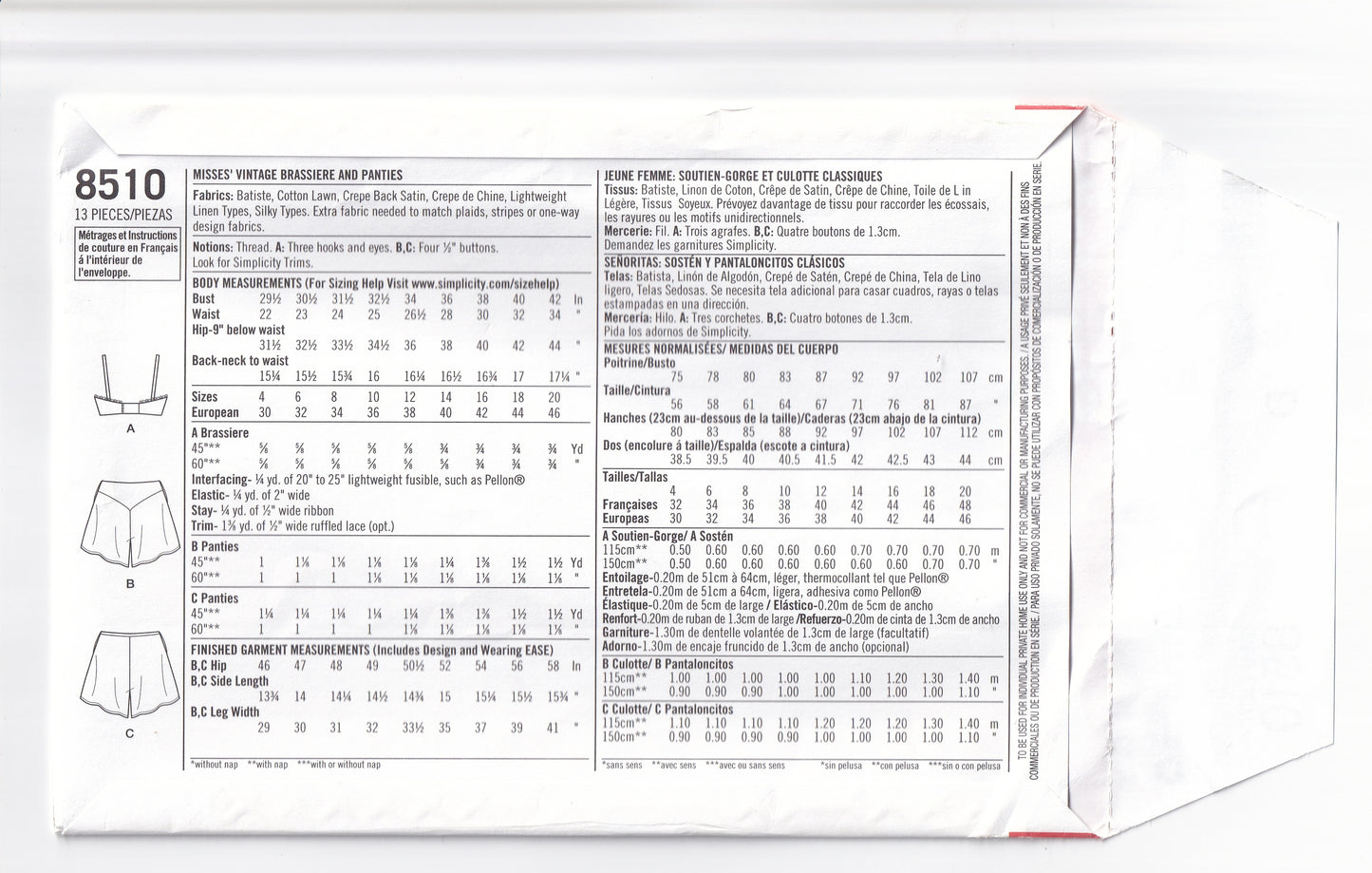 Simplicity 8510 Womens Reissued 1930 Lingerie Set Sewing Pattern Size 4 - 12 UNCUT Factory Folded