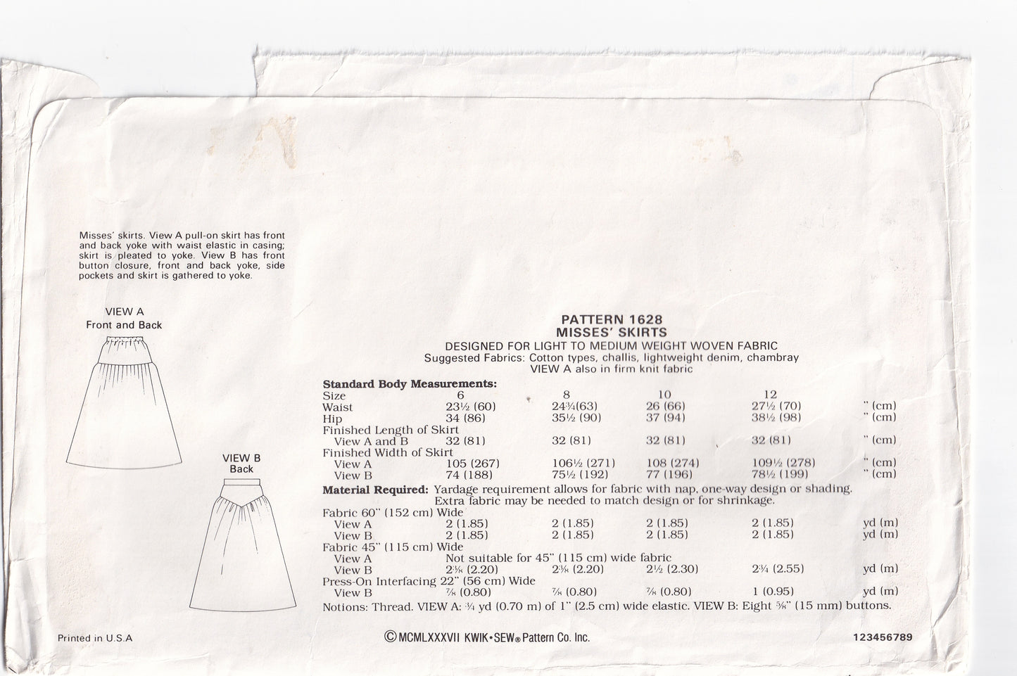Kwik Sew 1628 Womens Yoked Skirts with Pockets 1980s Vintage Paper Sewing Pattern Waist 23 - 28 inches UNCUT Factory Folded