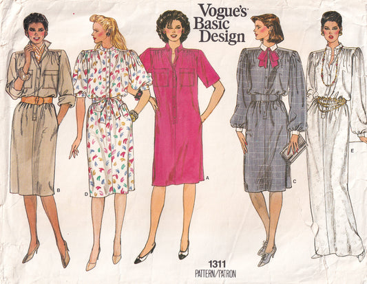 Vogue Basic Design 1311 Womens Gathered Shoulder Full Sleeved Day or Evening Dresses 1980s Vintage Paper Sewing Pattern Size 14 - 18 UNCUT Factory Folded