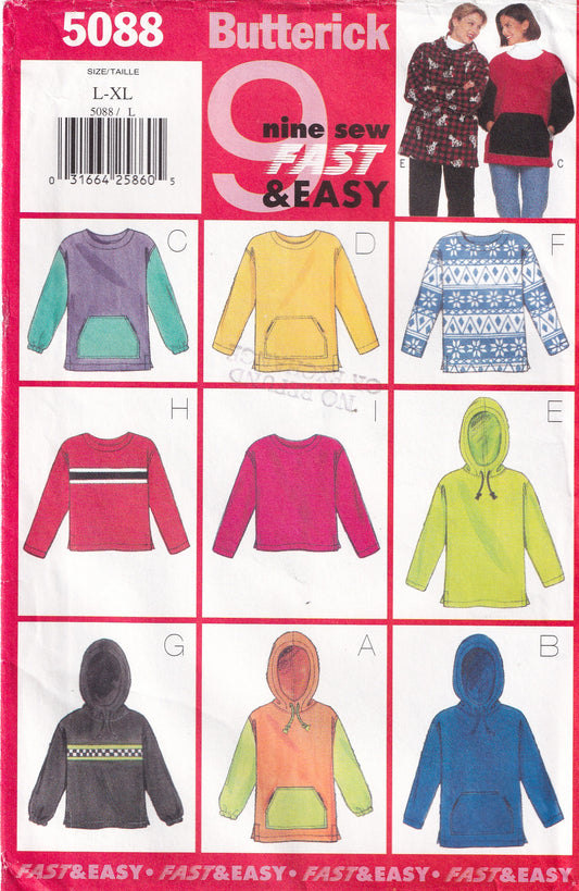 Butterick 5088 Womens Stretch Knit Hoodies & Sweatshirts 1990s Vintage Paper Sewing Pattern Size L - XL UNCUT Factory Folded