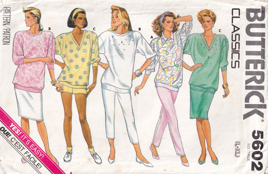 Butterick 5602 Womens Stretch Knit Top Pants Shorts & Skirt 1980s Vintage Paper Sewing Pattern Size L - XL UNCUT Factory Folded
