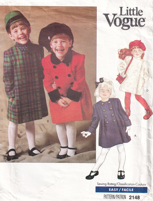 Little Vogue 2148 Girls Double Breasted Coat 1980s Vintage Paper Sewing Pattern Size 8 UNCUT Factory Folded