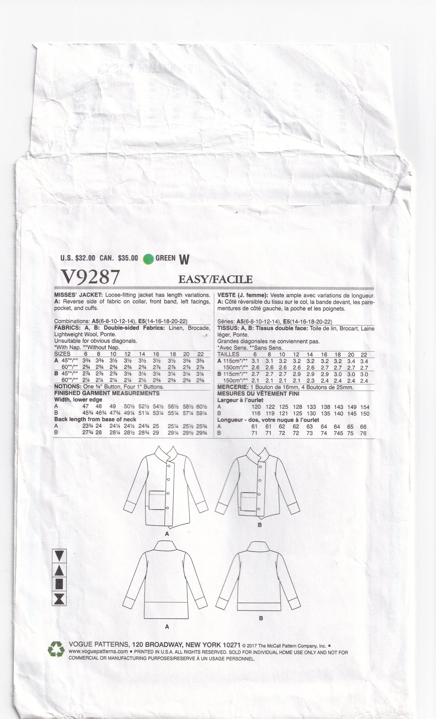 Vogue Designer Original 9287 MARCY TILTON Womens Loose Fitting Jacket with Stand Up Collar Out Of Print Paper Sewing Pattern Size 6 - 14 UNCUT Factory Folded