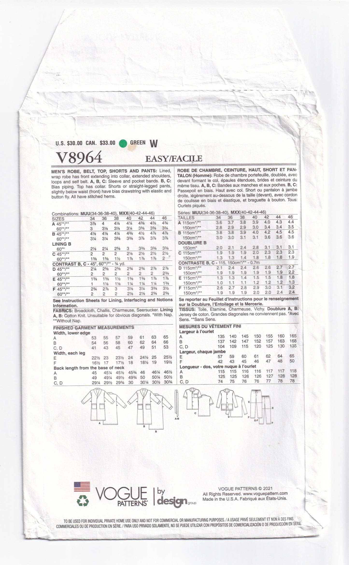 Vogue 8964 Mens Complete Sleepwear Set Robe Pyjamas & Shorts Out Of Print Paper Sewing Pattern Size34 - 40 UNCUT Factory Folded