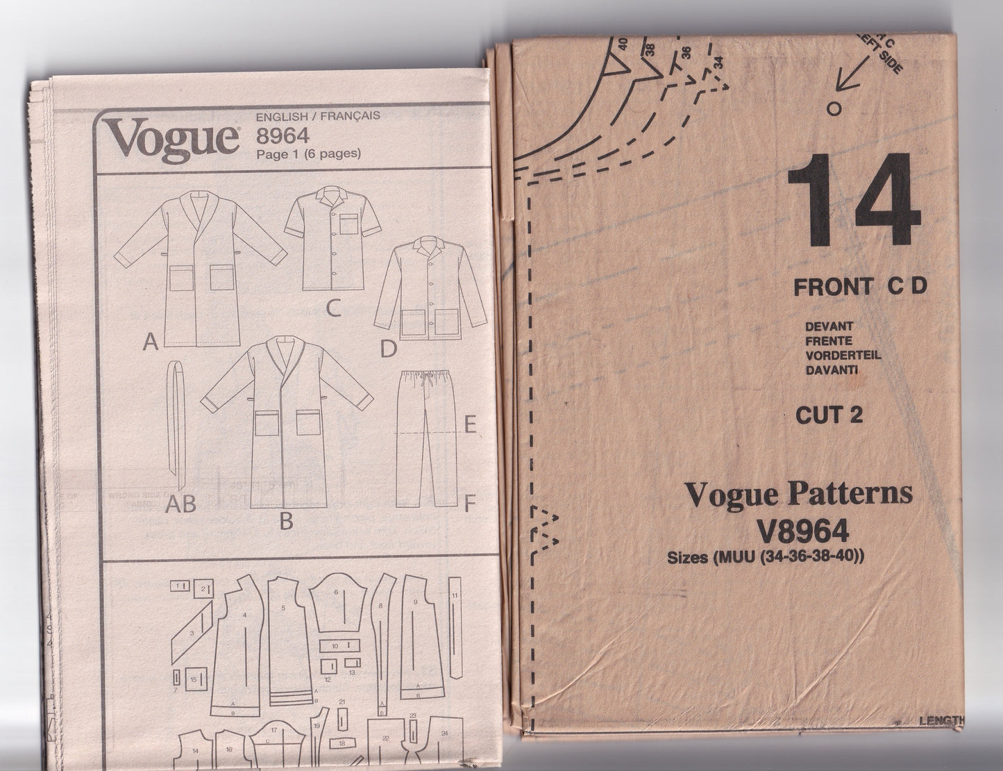 Vogue 8964 Mens Complete Sleepwear Set Robe Pyjamas & Shorts Out Of Print Paper Sewing Pattern Size34 - 40 UNCUT Factory Folded