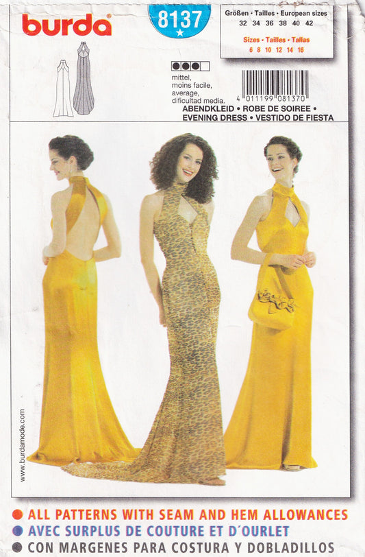 Burda 8137 Womens High Collar Evening Gown with Fishtail Train 1990s Vintage Paper Sewing Pattern Sizes 6 - 16 UNCUT Factory Folded