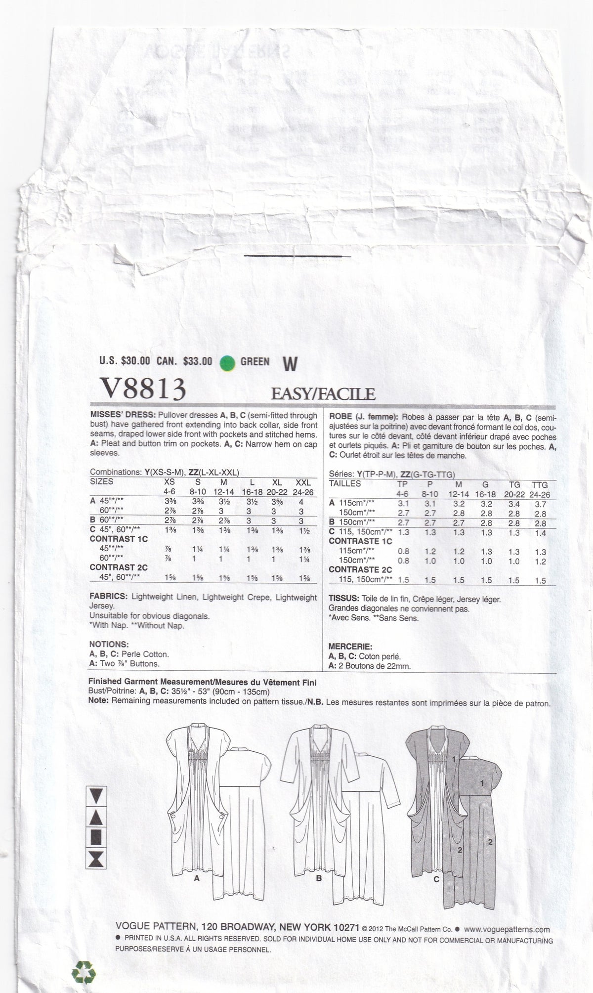 Vogue Designer Original 8813 MARCY TILTON Womens Draped Pocket Cocoon Dress Out Of Print Paper Sewing Pattern Sizes L - XXL UNCUT Factory Folded