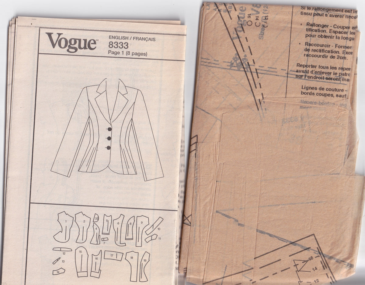 Vogue 8333 Claire Shaeffer's CUSTOM COUTURE Womens Blazer Style Tailored Princess Seamed Jacket Out Of Print Paper Sewing Pattern Size 12 - 16 UNCUT Factory Folded
