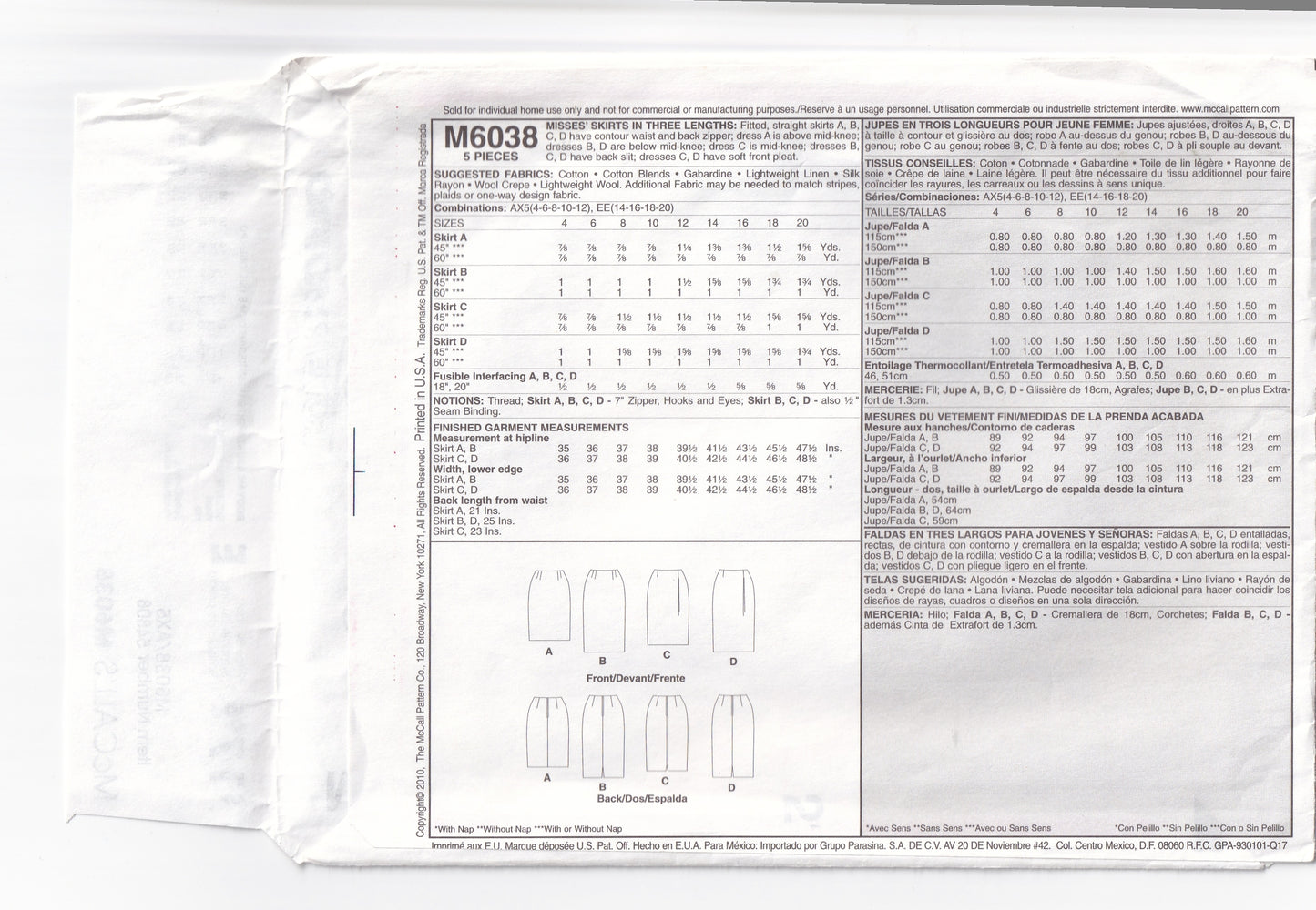 McCall's 6038 Womens Straight Skirts Out Of Print Sewing Pattern Size 4 - 12 UNCUT Factory Folded