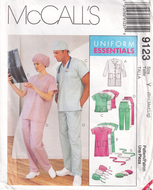 McCall's 9123 Mens Womens UNISEX Hospital Medical Nursing Uniform Scrubs 1990s Vintage Sewing Pattern S/M/L UNCUT Factory Folded