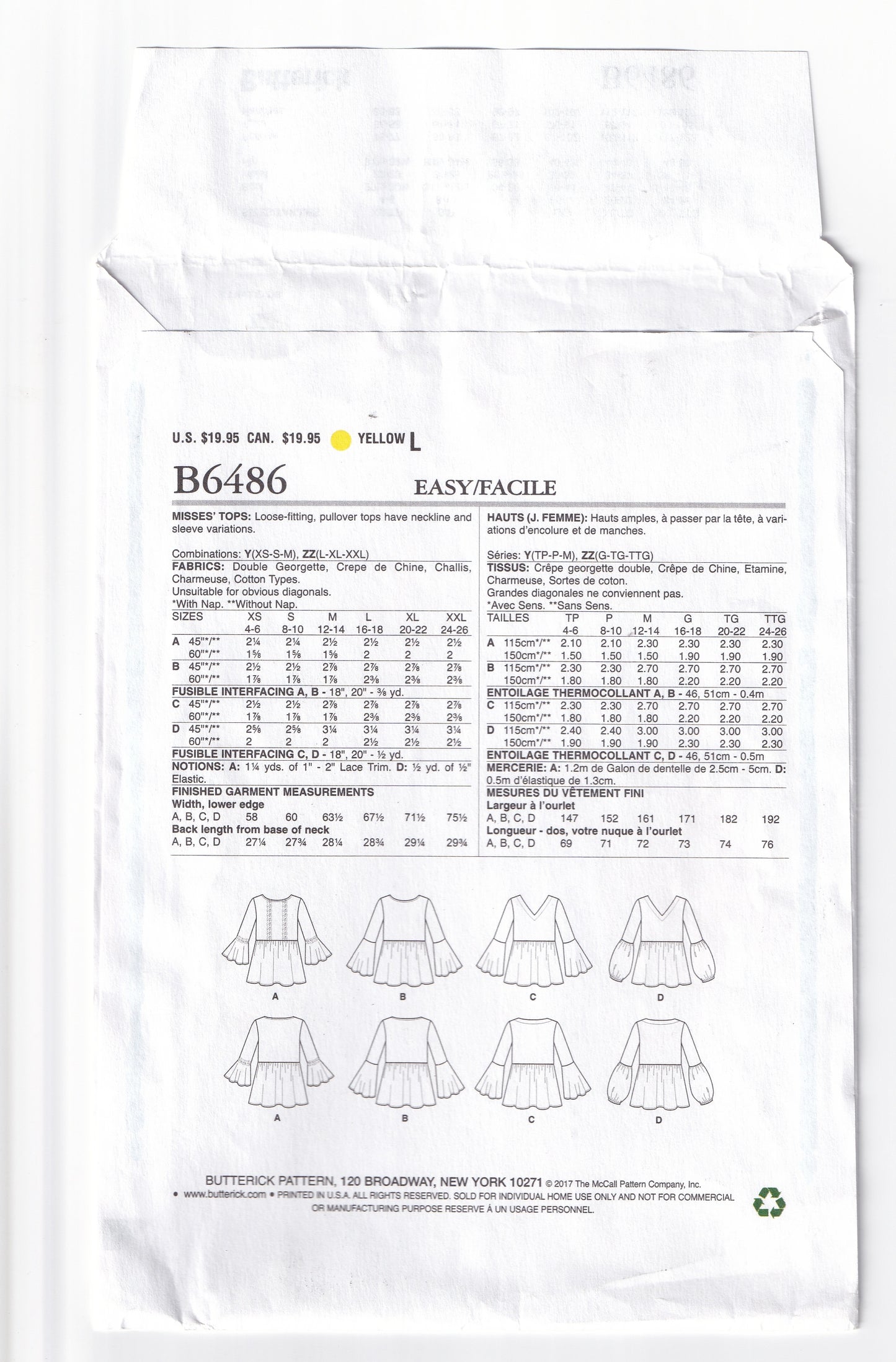 Butterick 6486 Womens EASY Pullover Gathered Waist Tunic Top with Bell Sleeves Out Of Print Paper Sewing Pattern Sizes L-XXL UNCUT Factory Folded