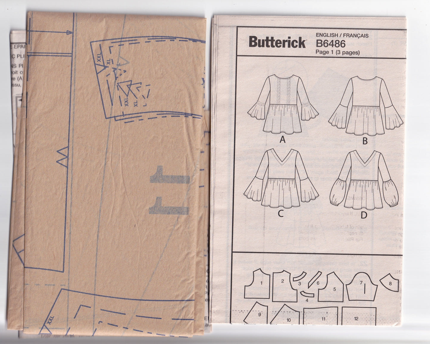 Butterick 6486 Womens EASY Pullover Gathered Waist Tunic Top with Bell Sleeves Out Of Print Paper Sewing Pattern Sizes L-XXL UNCUT Factory Folded