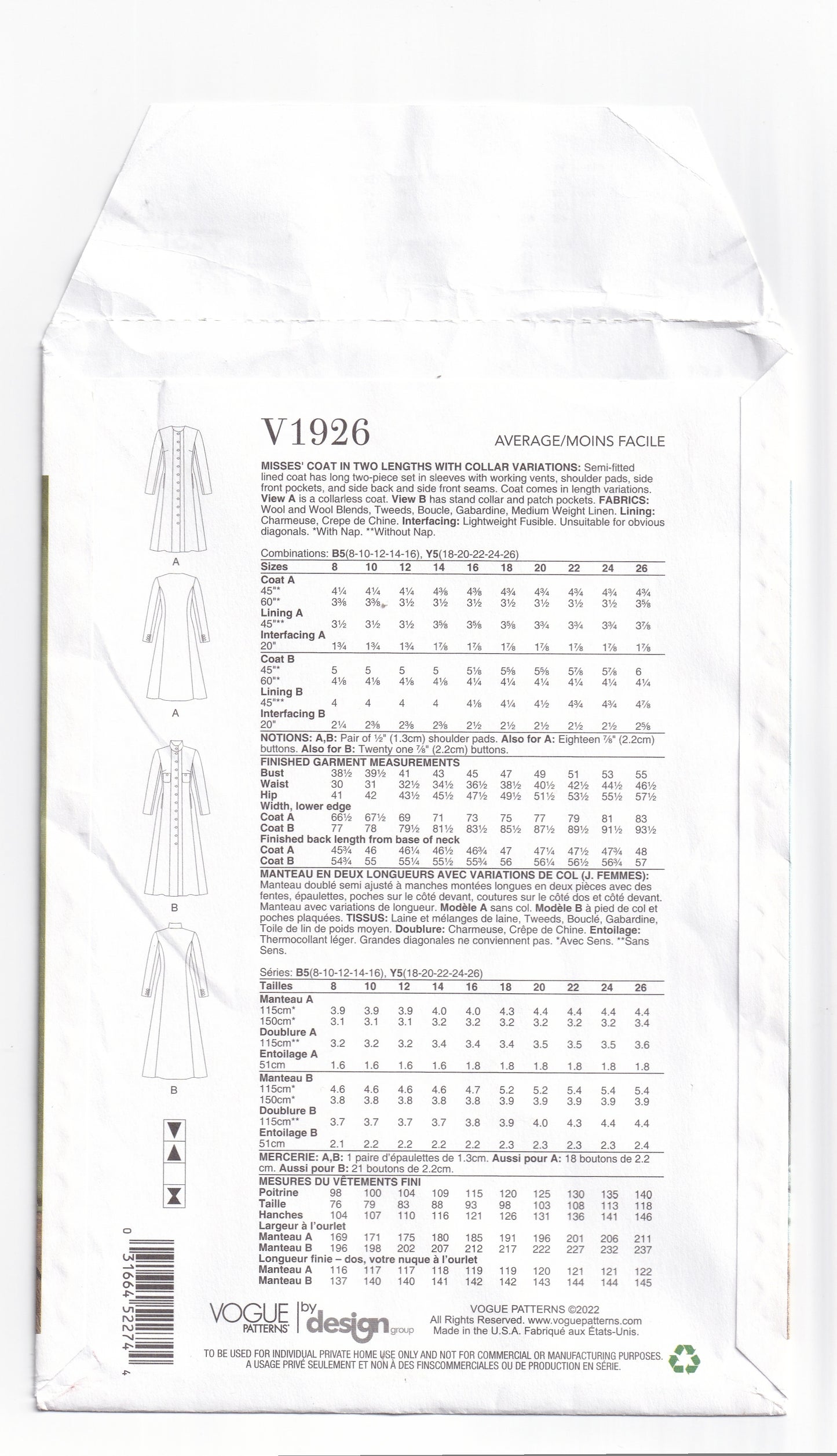 Vogue 1926 Womens Fit & Flared Coat or Jacket Paper Sewing Pattern Size 18 - 26 UNCUT Factory Folded