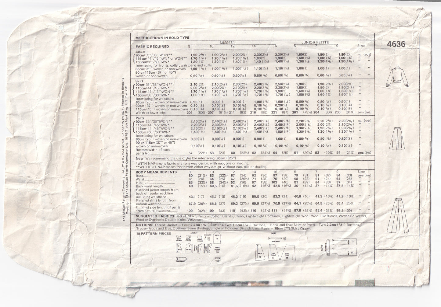 McCall's 4636 MARLO'S CORNER Womens Bomber Jacket A Line Skirt & Flared Pants 1970s Vintage Paper Sewing Pattern Size 10 Bust 32.5 Inches
