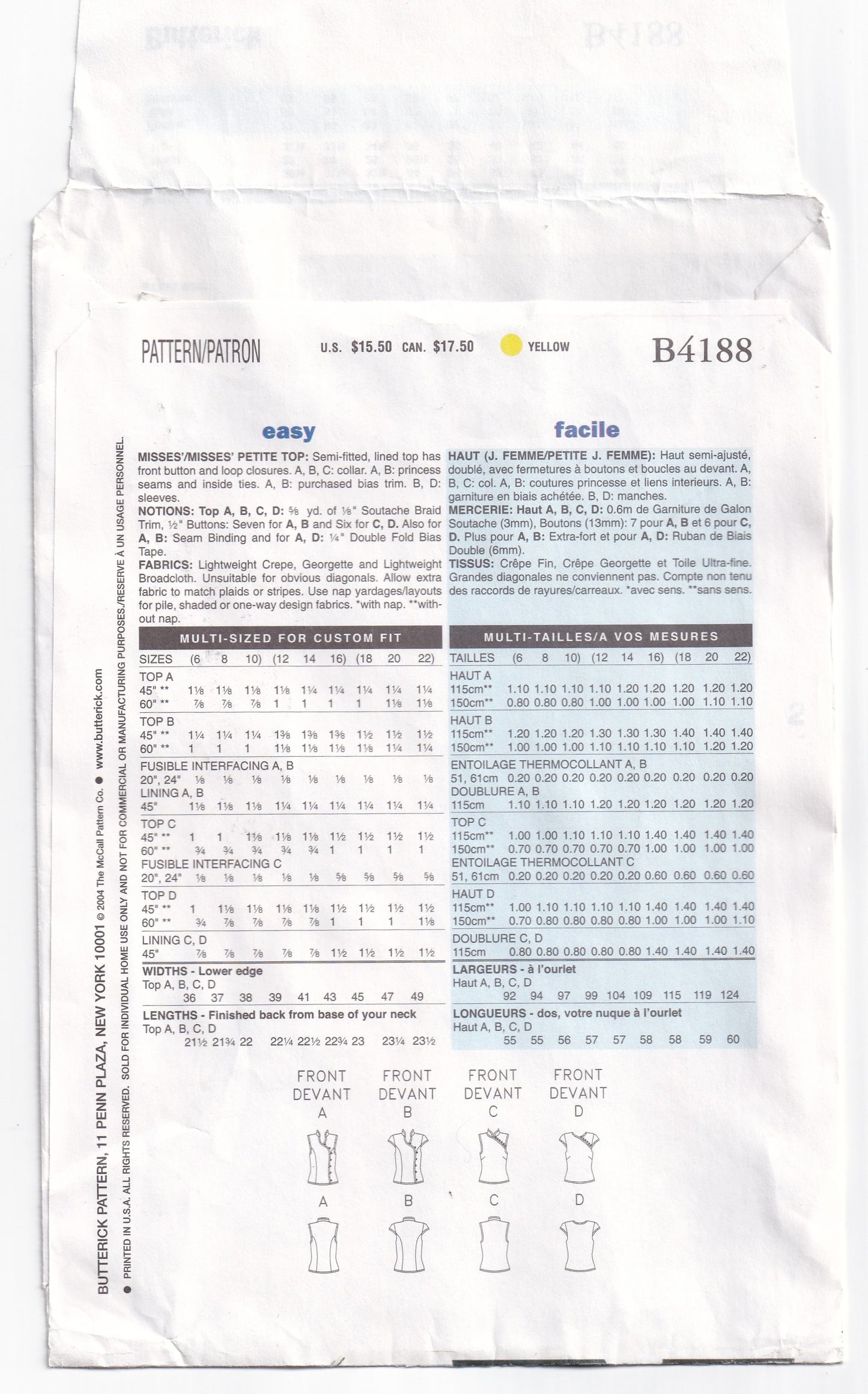 Butterick 4188 Womens Lined Asian Inspired Cheongsam Style Tops Out Of Print Paper Sewing Pattern Size 18 - 22 UNCUT Factory Folded
