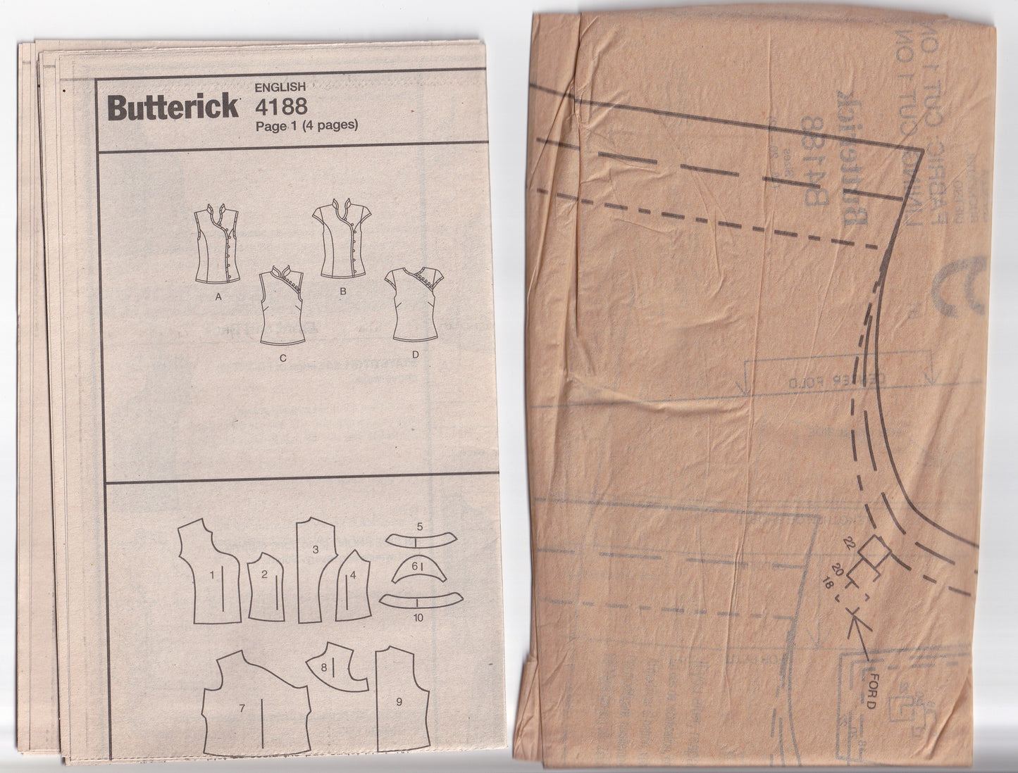 Butterick 4188 Womens Lined Asian Inspired Cheongsam Style Tops Out Of Print Paper Sewing Pattern Size 18 - 22 UNCUT Factory Folded