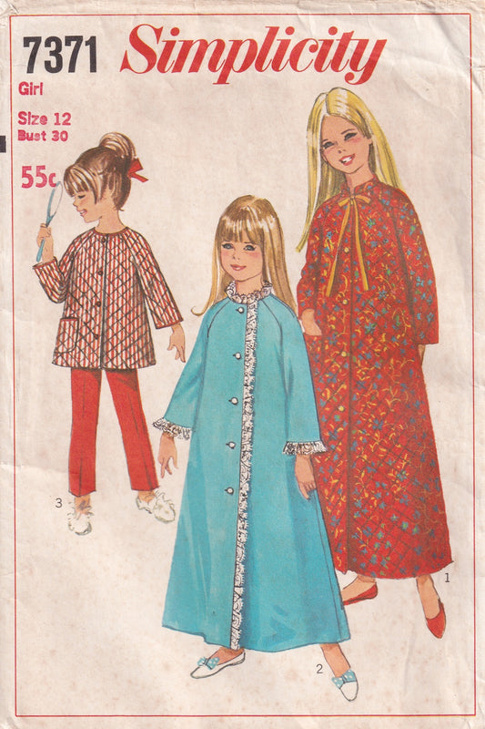 Simplicity 7371 Teen Girls Collarless Yoked Robe or Top & Pants 1960s Vintage Paper Sewing Pattern Size 12 UNCUT Factory Folded